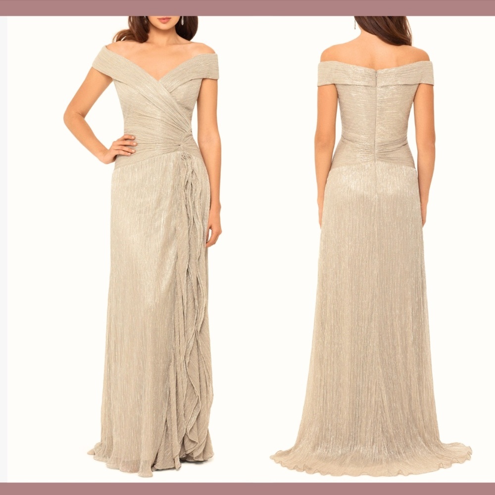NEW $320 XSCAPE [‎ 4 ] Off The Shoulder Metallic Pleat Gown in Gold/Silver